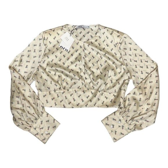 ZARA L SATIN SHOULDER PAD BLOUSE FLORAL & DOTS CREAM SLIT SEXY CROP BLOGGERS NEW - Picture 15 of 15